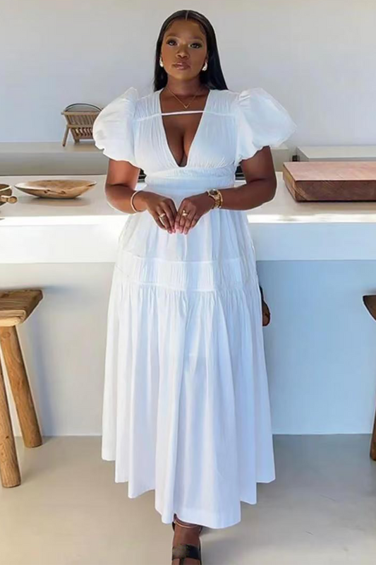 Deep V Neck Puff Sleeve Cinch Waist Ruched Maxi Dresses-White