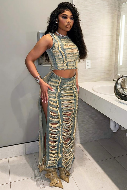 Denim Ripped Raw Edge Crop Tank Top Slit Maxi Skirt Matching Set-Blue
