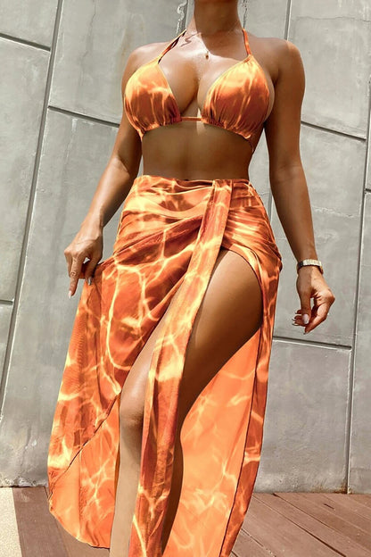 Ripple Print High Slit Maxi Skirt Halter Bikini Swimsuit 3pcs Set-Blue