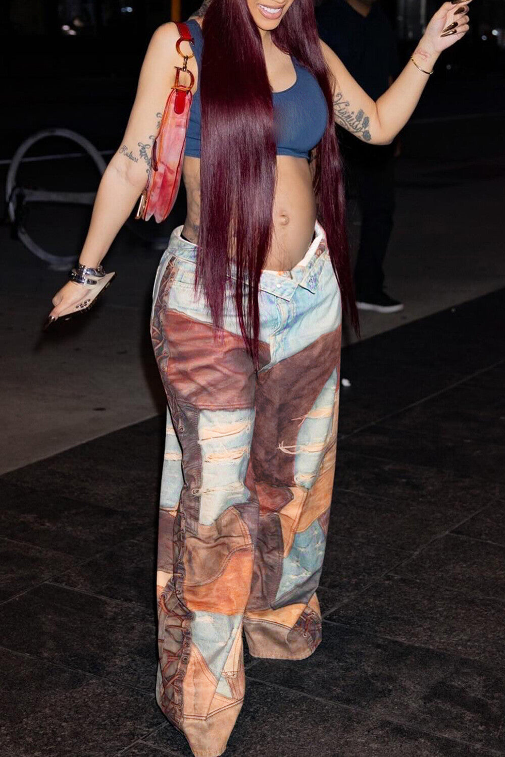 Ink-Splashed Denim Print Wide Leg Casual Pants-Blue