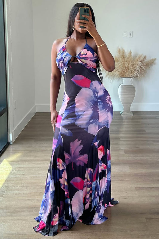 Halter V Neck Floral Print Godets Hem Party Maxi Dresses-Purple [Pre Order]