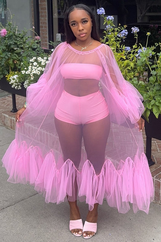 Mesh Ruffle Maxi Dresses Tube Top Shorts Party 3pcs Set-Pink [Pre Order]