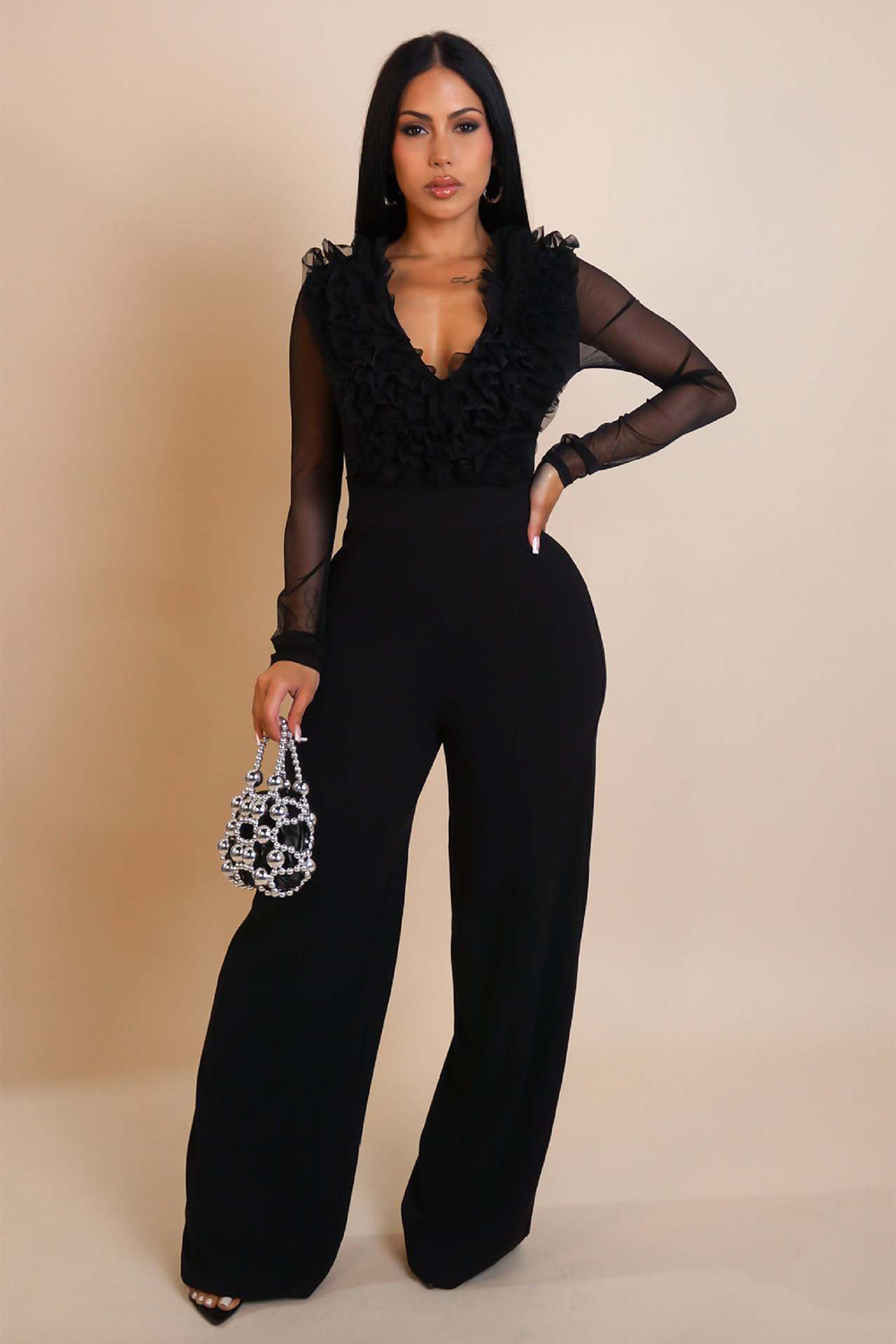 Plunge Neck Mesh Patchwork Long Sleeve Ruffled Wide Leg Jumpsuit-Green
