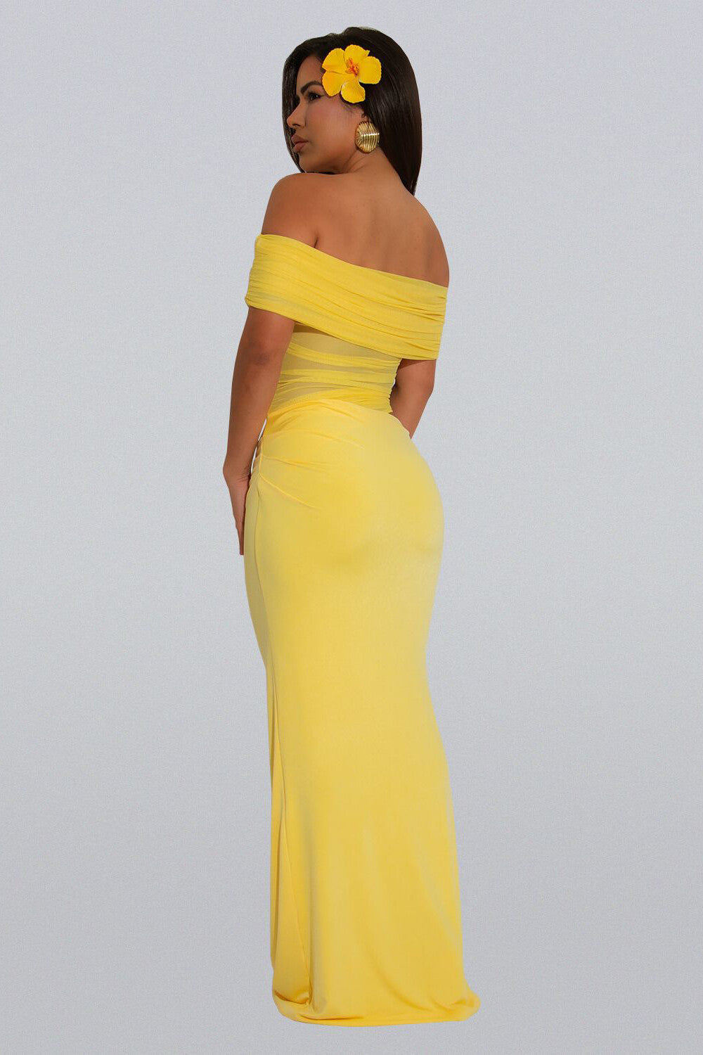 Off Shoulder Ruched Mesh Patchwork Cutout Slim Fit Plain Maxi Dresses-Yellow