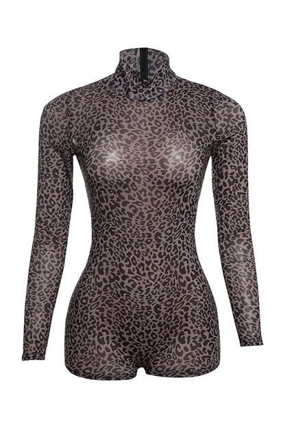 Leopard Print High Collar Long Sleeve Slim Fit Playsuit Romper-Coffee