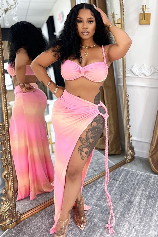 Braid Bikini Top Ombre Print Slit Maxi Skirt Party 2pcs Set-Pink [Pre Order]