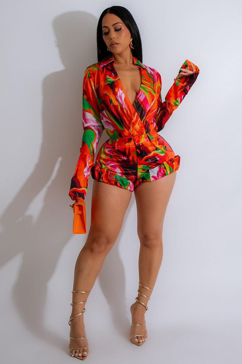 Deep V Neck Long Sleeve Blouse Abstract Print Shorts 2pcs Set-Red [Pre Order]