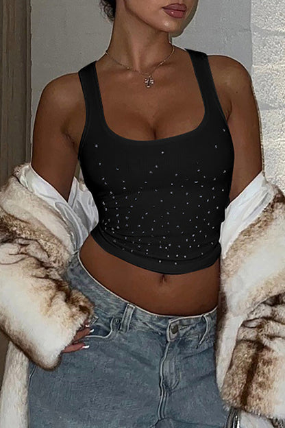 Square Neck Hot Drilling Knit Slim Fit Sleeveless Crop Top-White