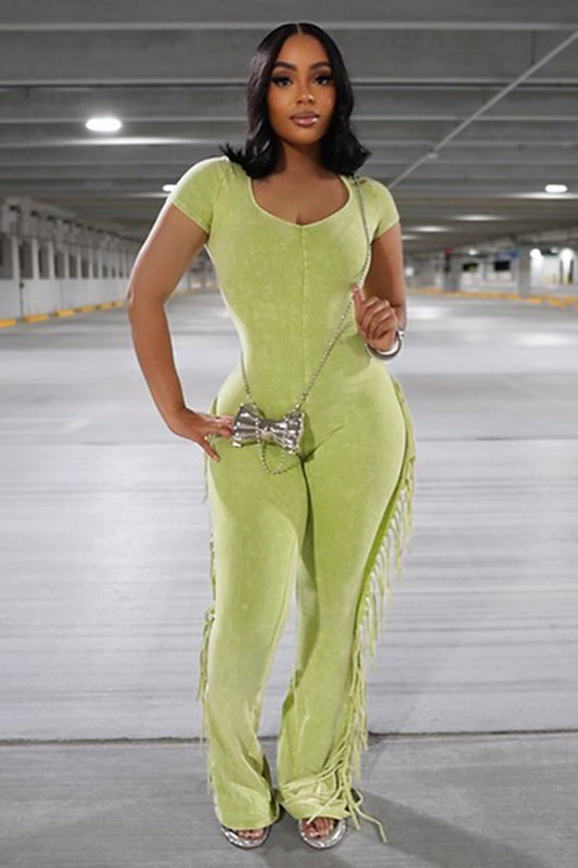 Short Sleeve Fringe Slim-Fit EDM Music Festival Jumpsuit-Green [Pre Order]
