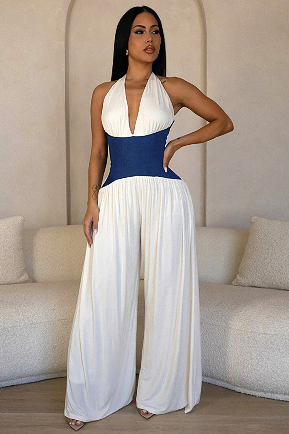 Colorblock Cinch Waist V Neck Halter Wide Leg Jumpsuit-White