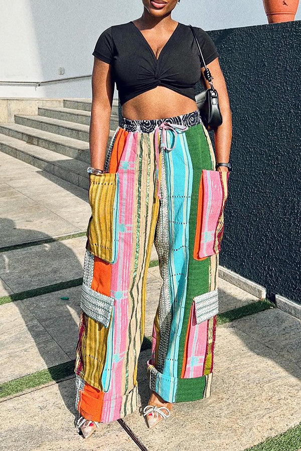 Print Patched Pocket Drawstring Waist Pants