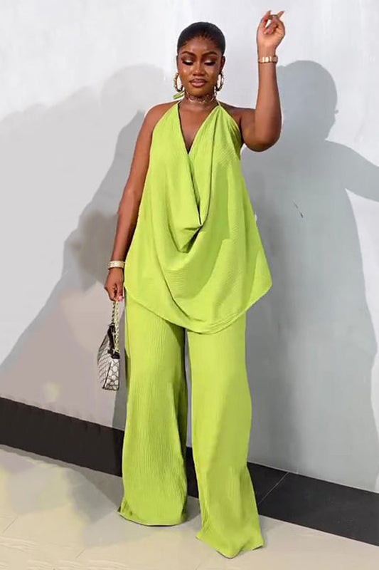 Cowl Neck Halter Top Wide Leg Pants Solid Vacation 2pcs Set-Green [Pre Order]