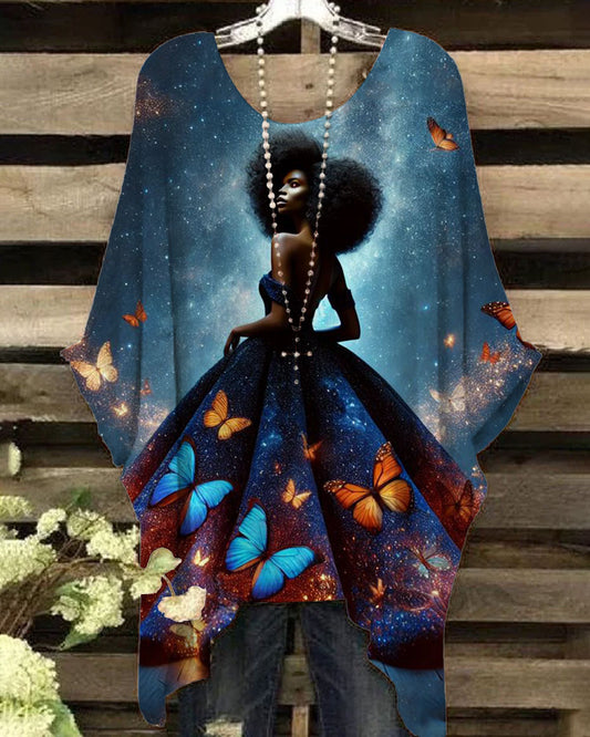 Butterfly Luxury Afro Girl Print Irregular Shirt