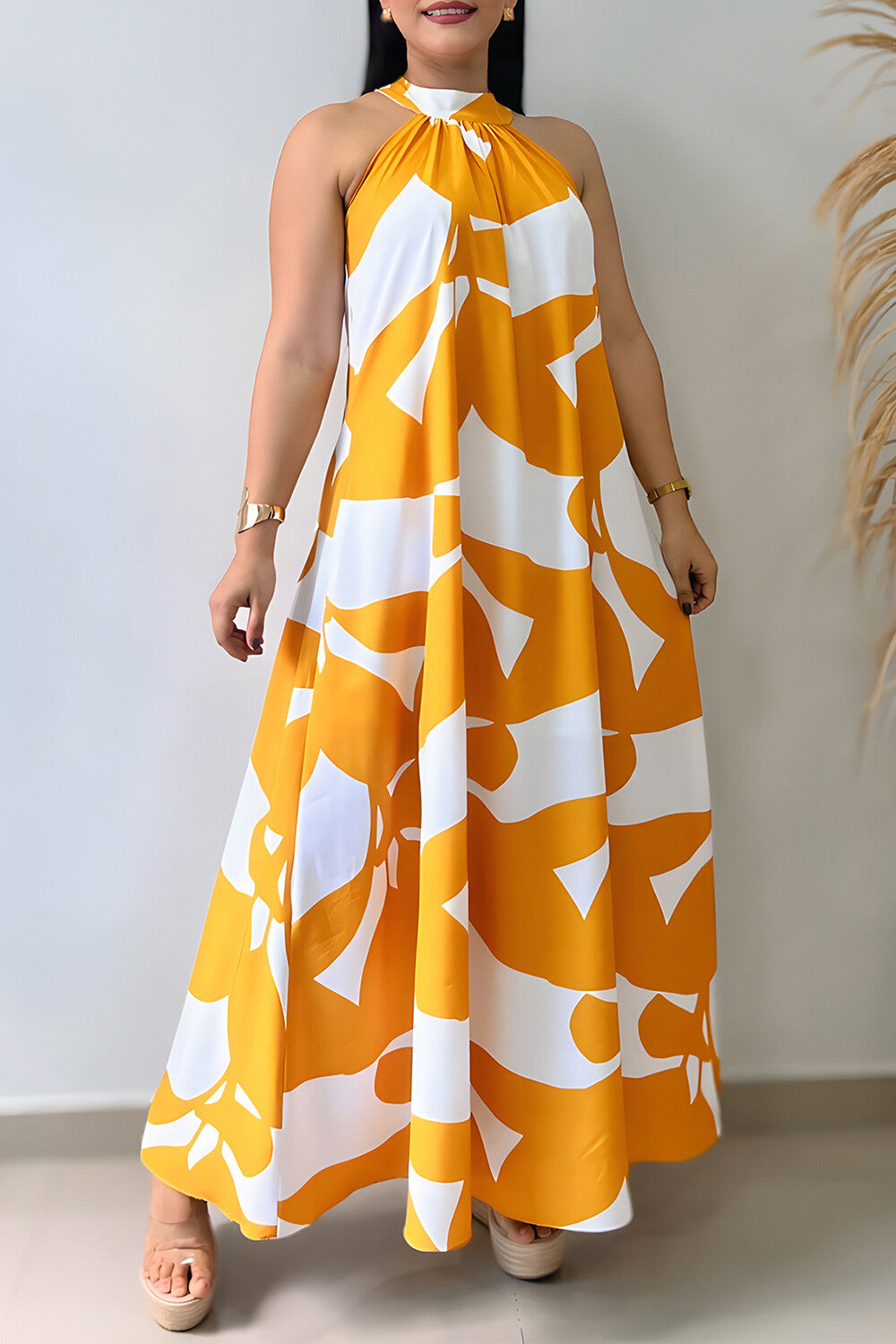Abstract Print Sleeveless Halter Neck Tie Up A-Line Maxi Dresses-Orange