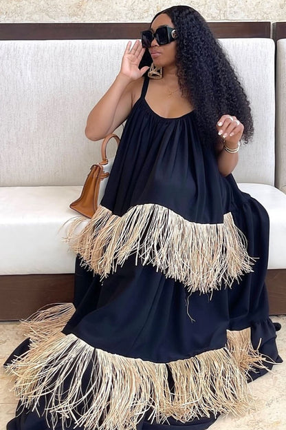 Tiered Fringe Loose-Fit Vacation Cami Maxi Tent Dresses-Black [Pre Order]