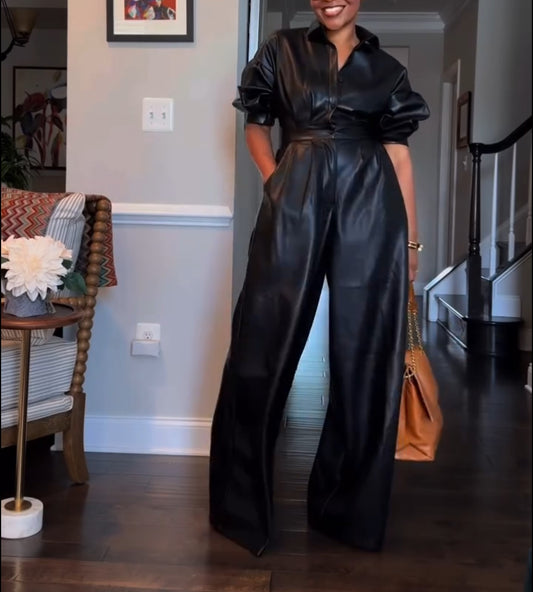 Button waist wide-leg leather jumpsuit