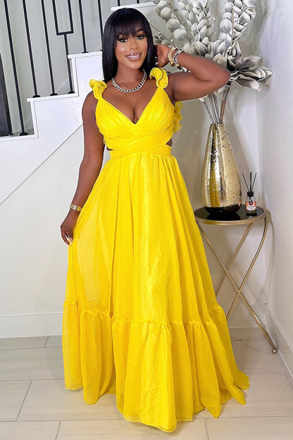 Ruffled Lace Up Backless Deep V Neck Tiered Maxi Dresses