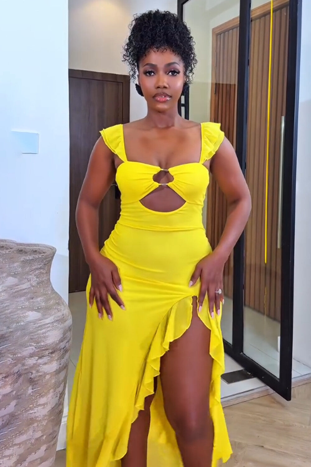 Flutter Sleeve Cutout Ruffle Slit Vacation Midi Dresses-Yellow [Pre Order]