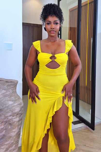 Flutter Sleeve Cutout Ruffle Slit Vacation Midi Dresses-Yellow [Pre Order]