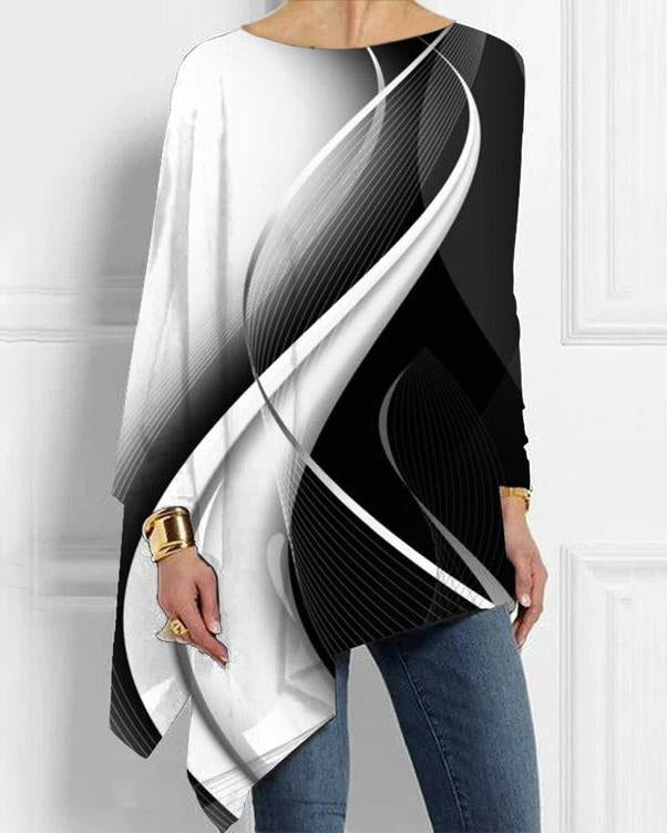 Black and White Geometric Waves Long Sleeve Loose Hem Top