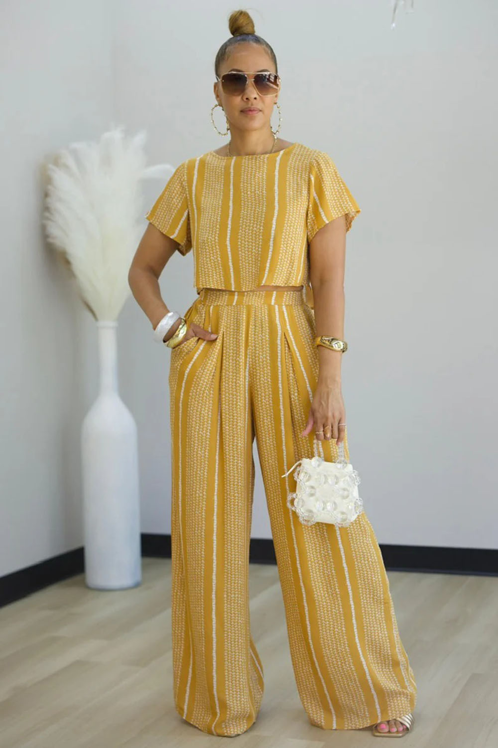 Stripe Print T-Shirt High-Rise Wide Leg Pants 2pcs Set-White [Pre Order]