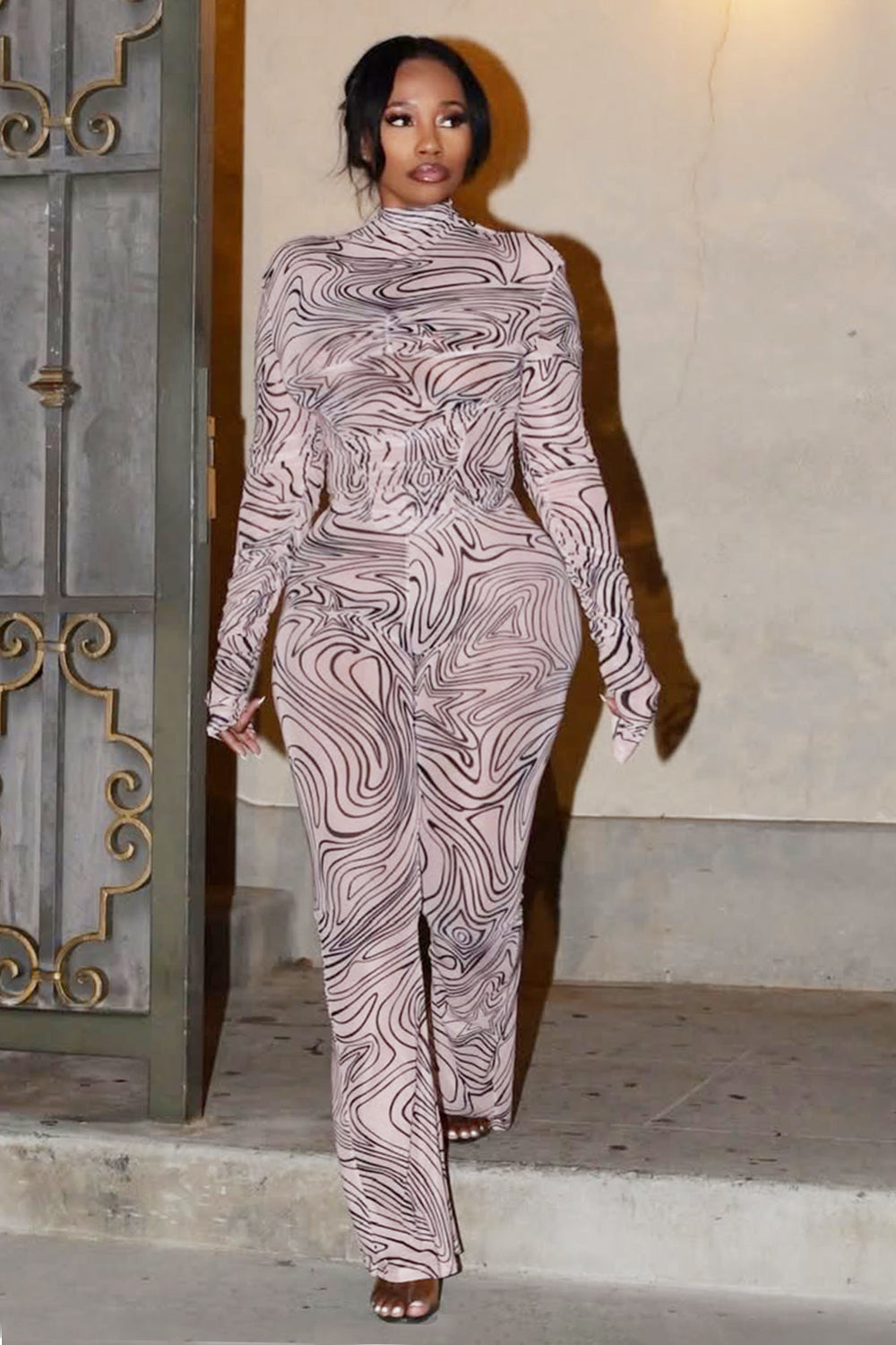 Mock Neck Long Sleeve Swirl Print Party Jumpsuit-LightPink [Pre Order]