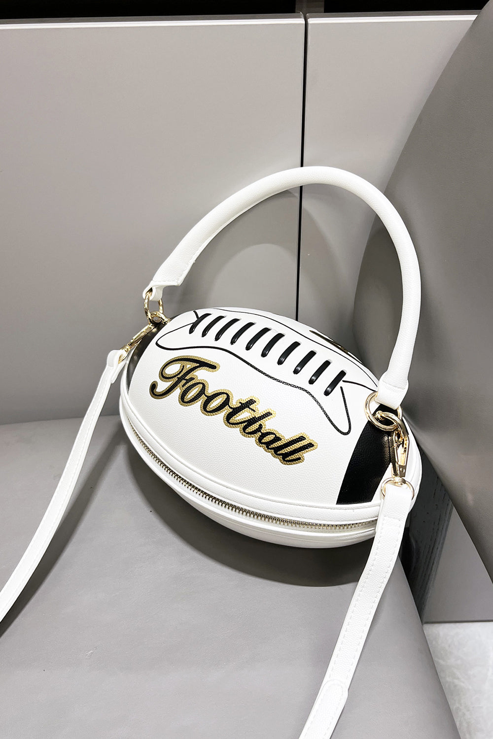 Letter Colorblock Print Zipper American Football Shaped Handbag