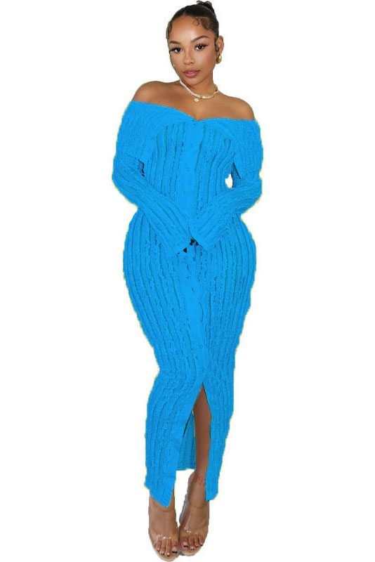 Mesh Jacquard Off Shoulder Long Sleeve Slit Bodycon Midi Dresses-Black