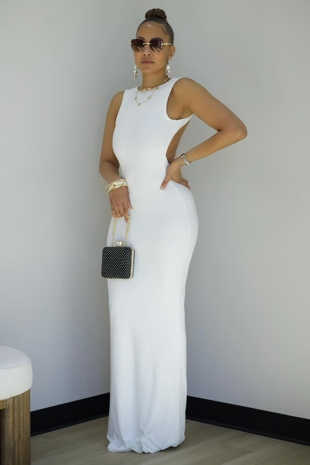 Backless Slim-Fit Sleeveless Solid Party Maxi Dresses-White [Pre Order]
