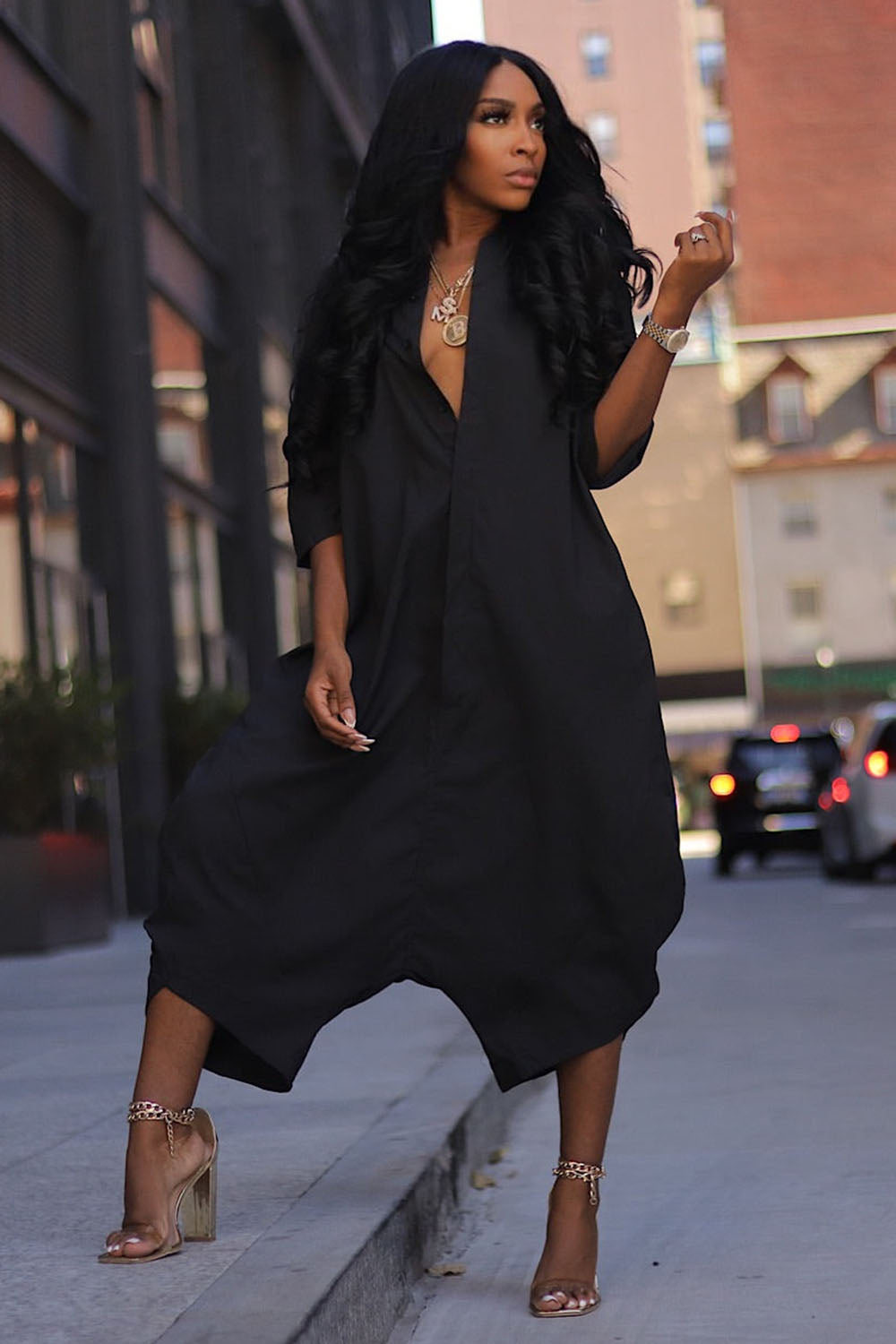 3/4 Sleeve V Neck Oversize Casual Harem Crop Jumpsuit-Black