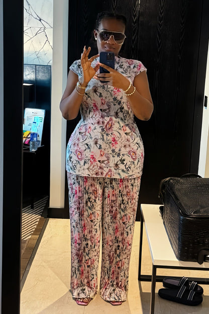Pleated Floral Print Short Sleeve Cinch Waist Top Wide Leg Pants 2pcs Set-Pink