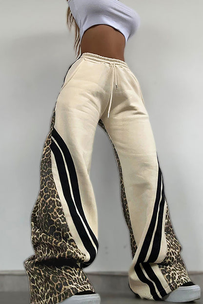 Leopard Print Striped Wide Leg Casual Pants-Beige