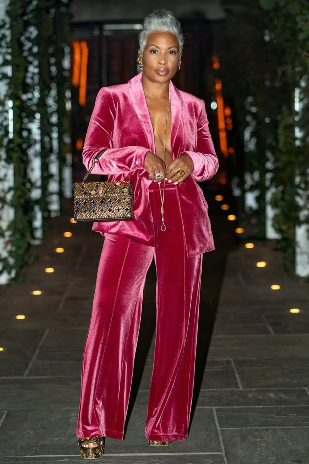 One Button Blazer High-Rise Pants Party Velvet 2pcs Set-Fuchsia [Pre Order]