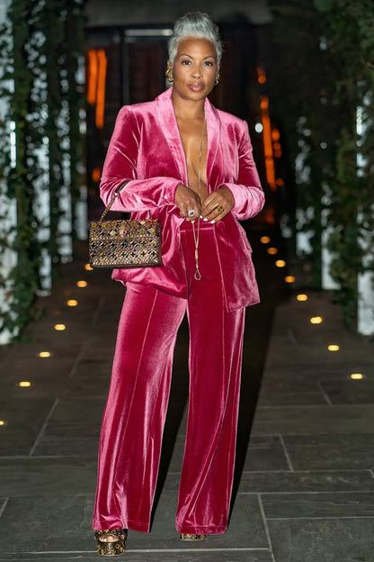 One Button Blazer High-Rise Pants Party Velvet 2pcs Set-Fuchsia [Pre Order]