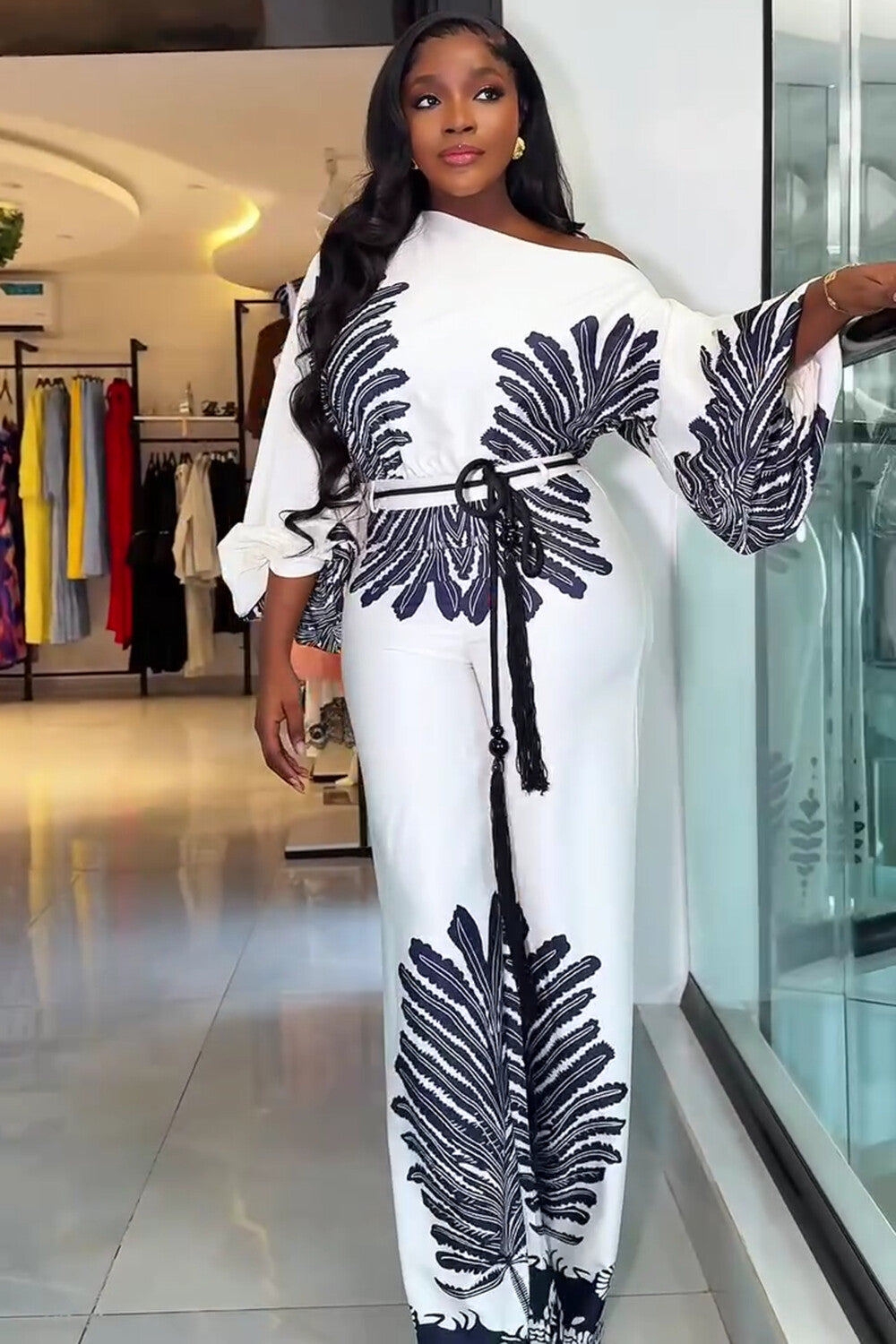 One Shoulder Bell Sleeve Placement Print Wide Leg Jumpsuit-White [Pre Order]
