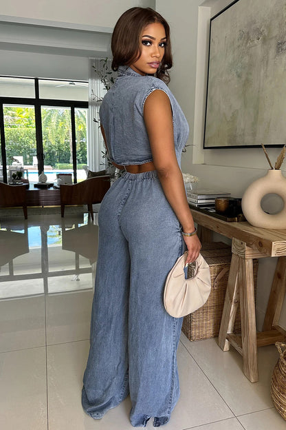 Button Up Cinched Cutout Washed Denim Wide Leg Jumpsuit-Blue [Pre Order]