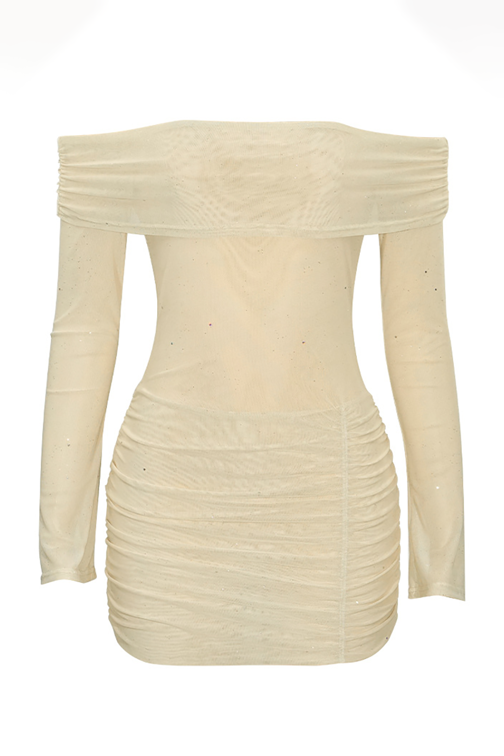 Off Shoulder Long Sleeve Shimmering Mesh Ruched Fitted Mini Dresses-Beige