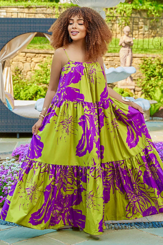 Floral Print Loose Fit Spaghetti Strap Maxi Dresses-Green