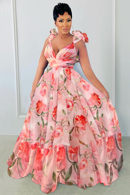 Rosette V Neck Wrapped Floral Print Vacation Maxi Dresses-Pink