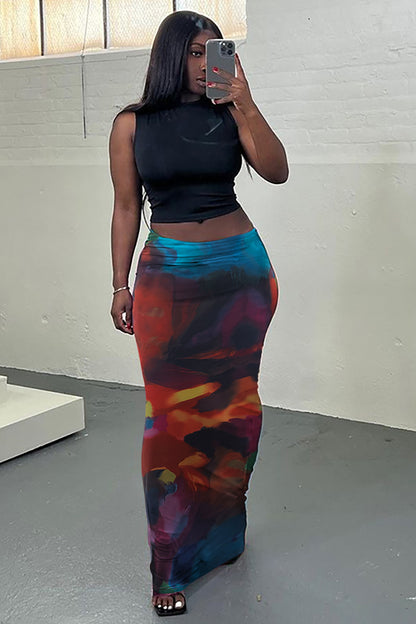 Colored Drawing Print Bodycon Casual Maxi Skirt-Blue