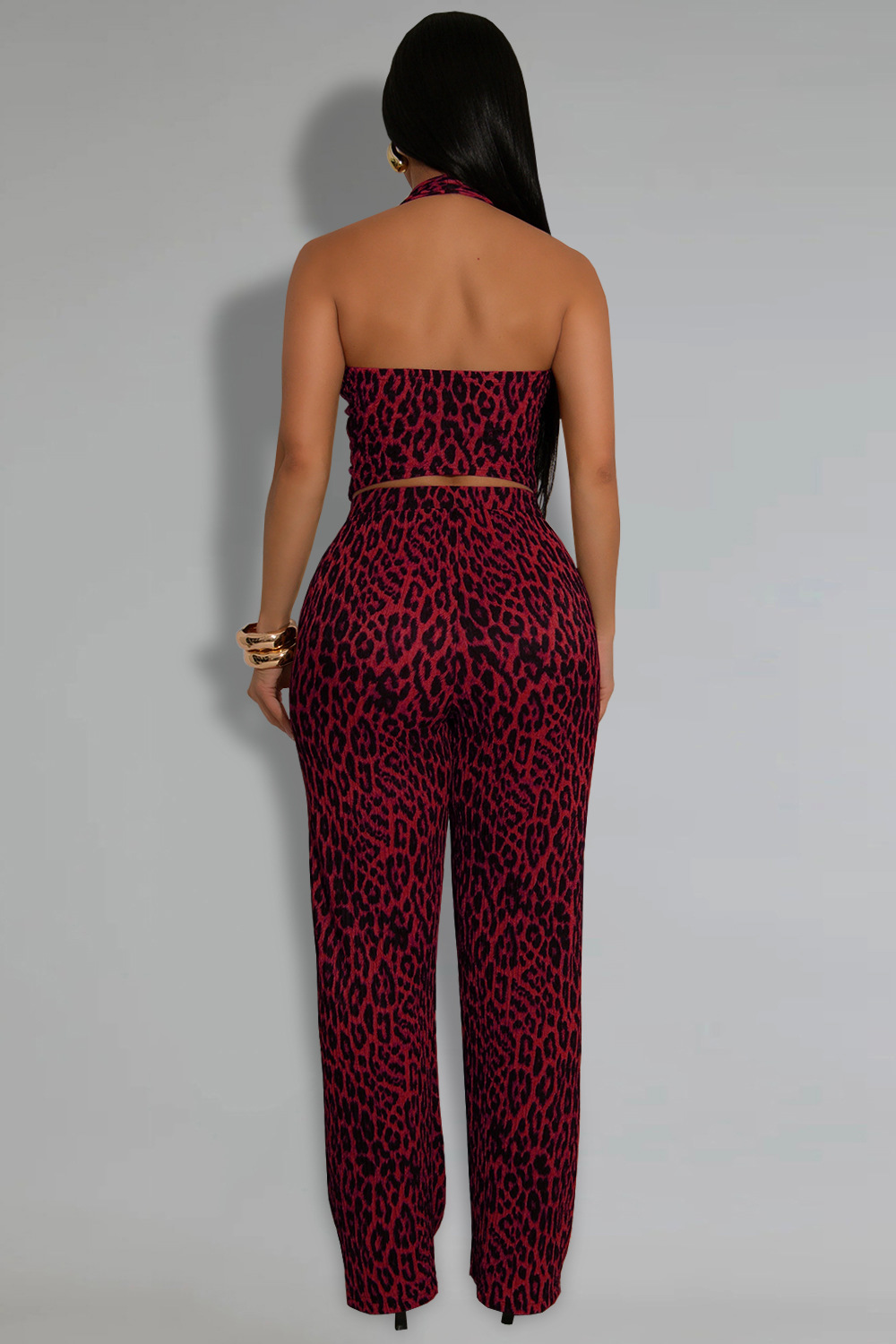 Leopard Print Halter Crop Vest High Waist Straight Leg Pants 2pcs Set-Blue
