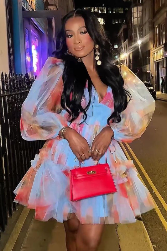 V Neck Print Mesh Bell Sleeve Tulle Hem Party Mini Dresses-Blue