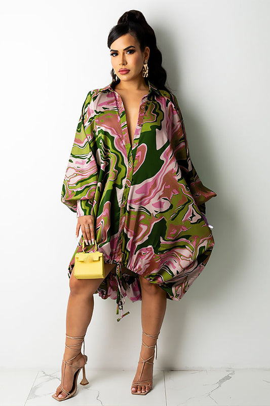 Graphic Print Lantern Sleeve Button Up Loose Fit Midi Shirt Dresses-Green