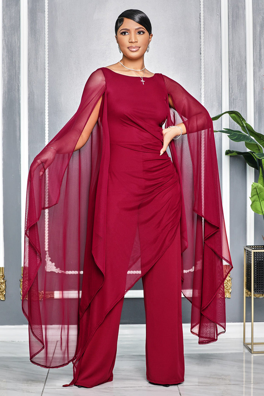 Boat Neck Mesh Slit Sleeve Asymmetric Layer Party Jumpsuit-Black [Pre Order]