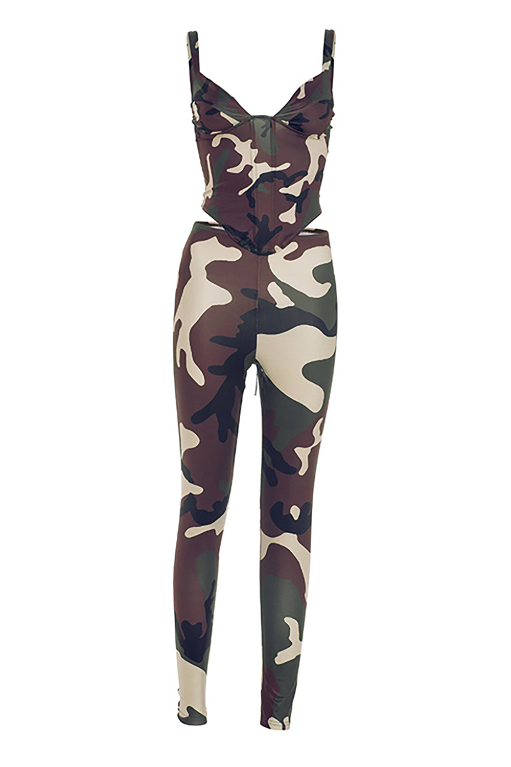 Camo Print Plunge Neck Cami Skinny Leggings Matching Set-Green