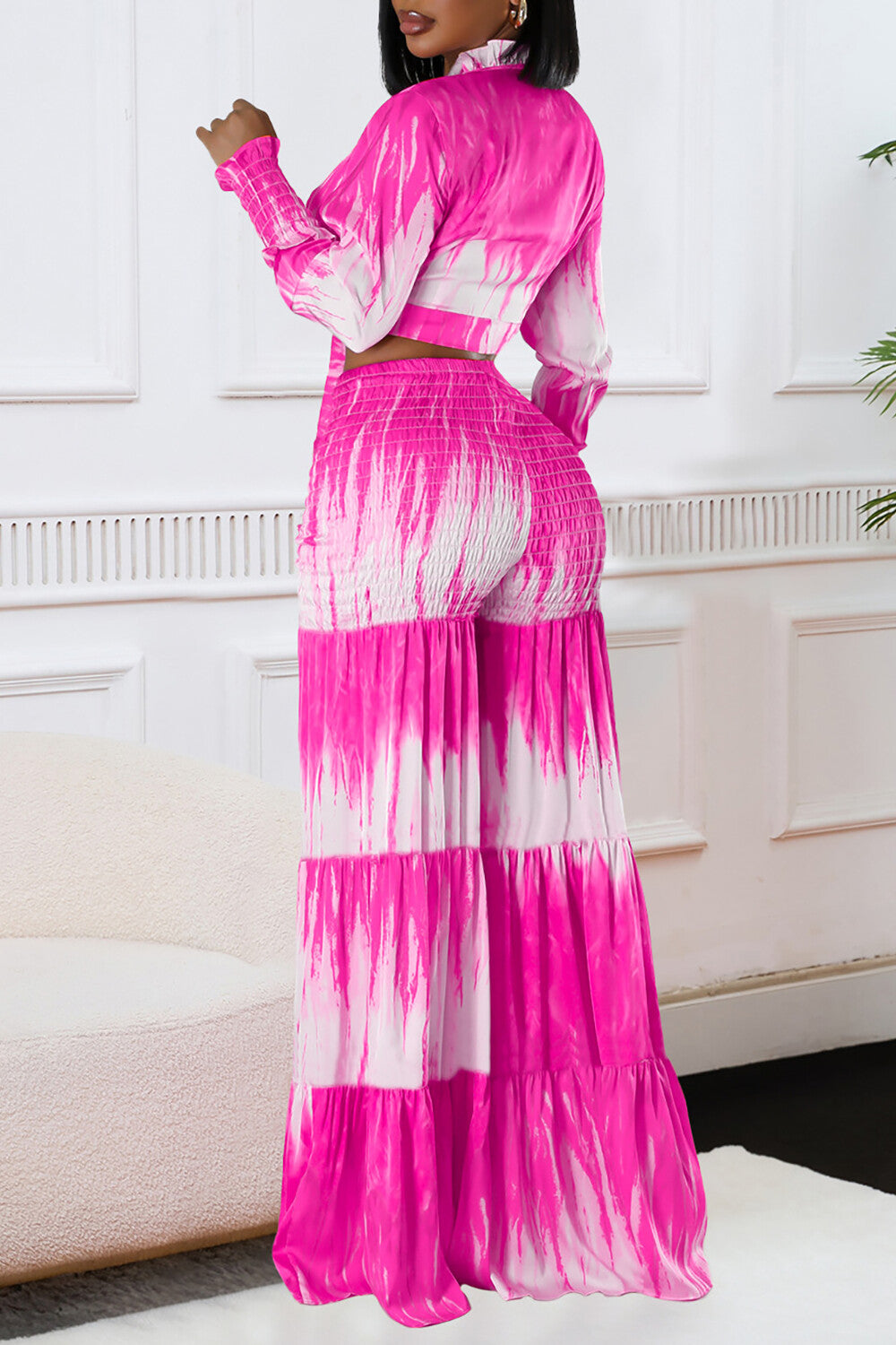Tie Dye Print Long Sleeve Tie Up Blouse Wide Leg Pants 2pcs Set-Fuchsia