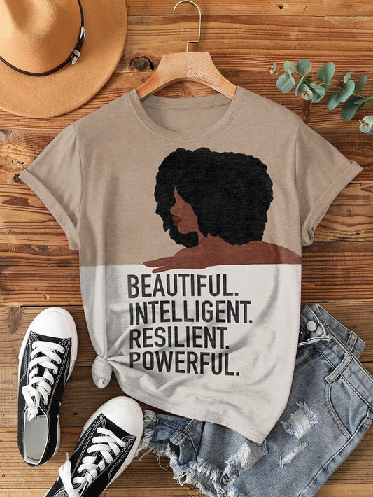 Women's Black Woman Power Print Round Neck Tee