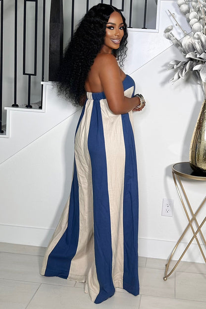 Strapless Colorblock Stripe Loose-Fit Wide Leg Jumpsuit-Blue [Pre Order]
