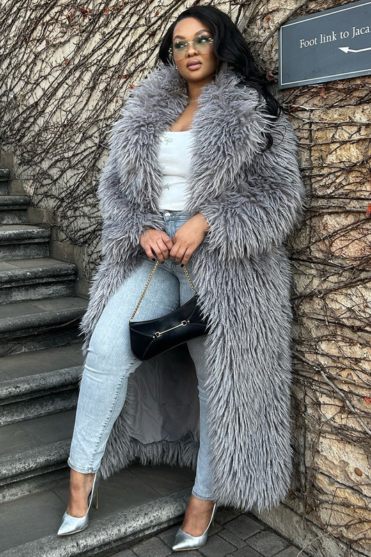 Shawl Collar Long Sleeve Front Opened Faux Fur Long Coat-Gray [Pre Order]