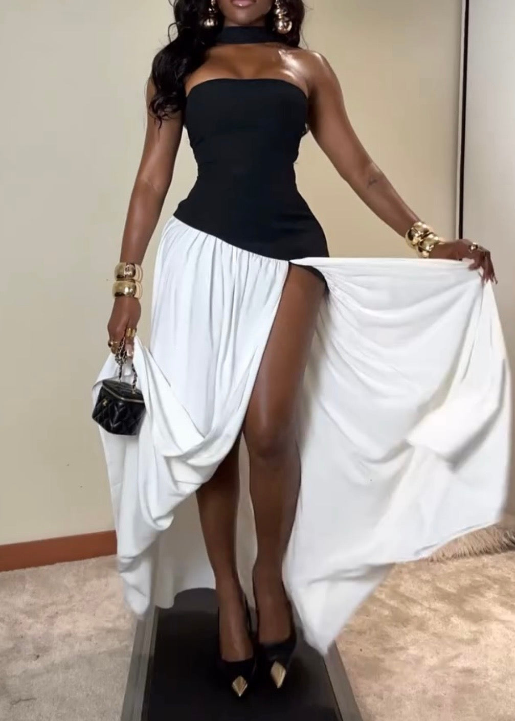 Black and White Contrast Color Scarf Temperament Sexy off-the-Shoulder Split Dress